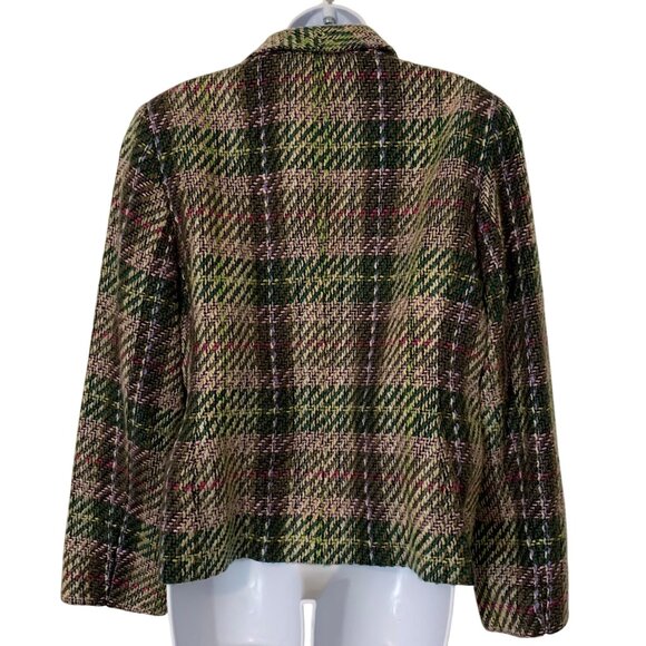 Kasper Plaid Tweed Jacket Womens SZ 14 Green & Pink Acrylic Blazer Open Front - Picture 3 of 9